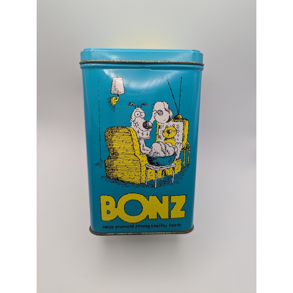 1990‎ Vintage Bonz Dog Snacks Cartoon Tin Box Purina Advertising Collectible